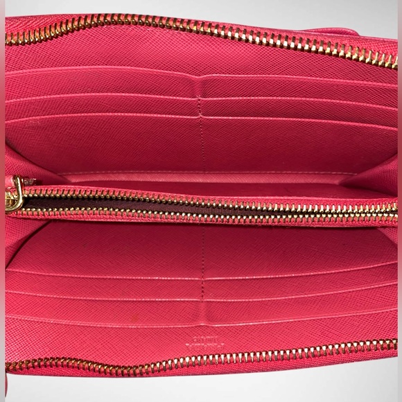 3$ start!! Prada Pink Saffiano Leather Bow Zip Around Wallet with Box Auth card - Picture 15 of 16